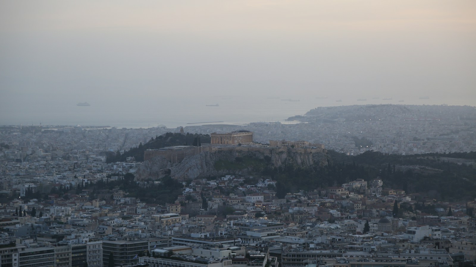 Mount Lycabettus rising over Athens, chapel on the summit