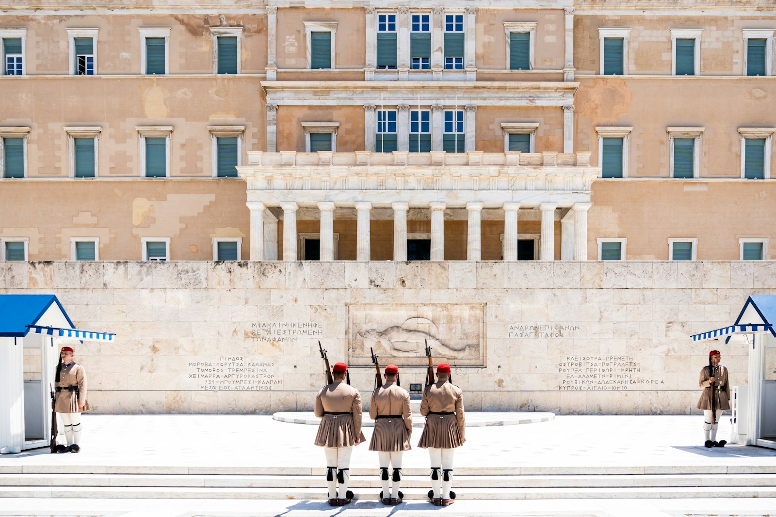 Evzone guards in front of the Hellenic Parliament at Syntagma Square